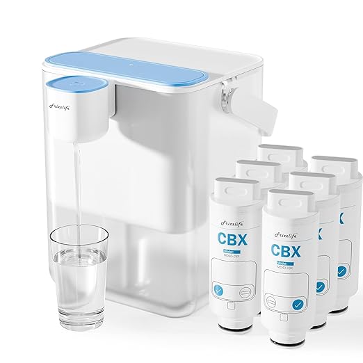 Frizzlife MD40 Rechargeable Water Filter Dispenser with 2 Filters Pre-Installed, Certified Reduce 99.89% of Chlorine, 400-Gallon/6 Months Water Pitcher, Extra 4 Filter Replacements
