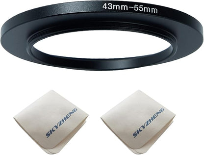 43mm Lens to 55mm Camera Lens Adapter 43mm to 55mm Step Up Ring Adapter Ring for All Brands of UV ND CPL, with Premium Lens Wiping Cloth 2 Pack (43mm-55mm)