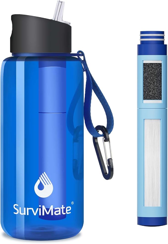 SurviMate 5-Stage 0.01μm Ultra-Filtration Filtered Water Bottle, BPA-Free Material, NSF/ANSI 42&372 Certified, Portable Water Filter Bottle for Survival, Camping, Hiking, and Emergency Use