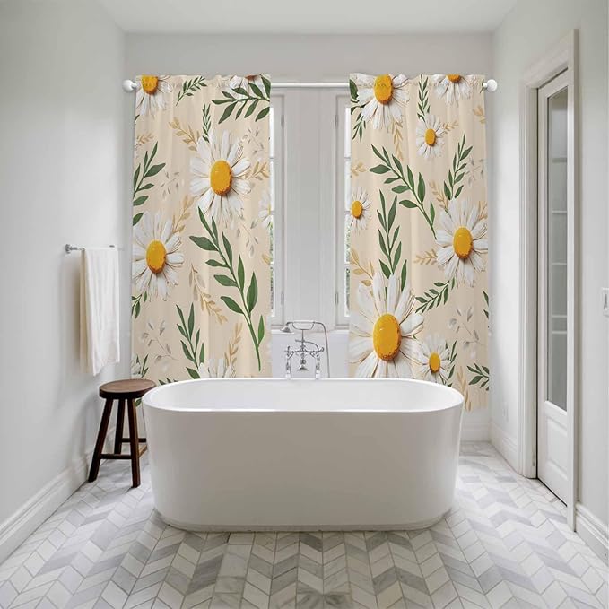 Spring Daisy Kitchen Curtains, Country Watercolor Flower Leaf Plant Light Filtering Window Curtain Panels, 2Pcs Rod Pocket Window Treatments Set for Living Room Bathroom Bedroom 52x72 Inches