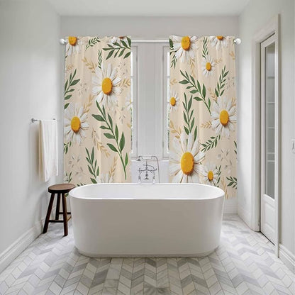 Spring Daisy Kitchen Curtains, Country Watercolor Flower Leaf Plant Light Filtering Window Curtain Panels, 2Pcs Rod Pocket Window Treatments Set for Living Room Bathroom Bedroom 52x72 Inches
