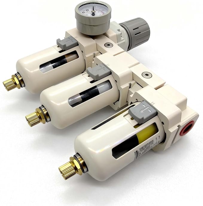 YSIL 3/8''NPT 3 Stage Filter and Regulator with Pressure Gauge Air Drying System with 5 and 0.5 and 0.01 Micron Brass Filter Pressure Regulator Combo Piggyback(Semi-Auto Drain）