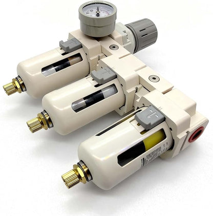 YSIL 3/8''NPT 3 Stage Filter and Regulator with Pressure Gauge Air Drying System with 5 and 0.5 and 0.01 Micron Brass Filter Pressure Regulator Combo Piggyback(Semi-Auto Drain）