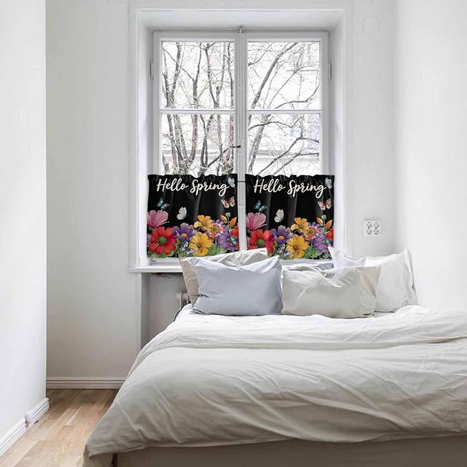 Spring Flowers Half Window Curtain 36 Inches Long, Watercolor Country Colorful Floral Black Window Treatment Curtain Drapes, Small Tier Curtains for Bathroom Over Sink, 27.5"x36", 2 Panels