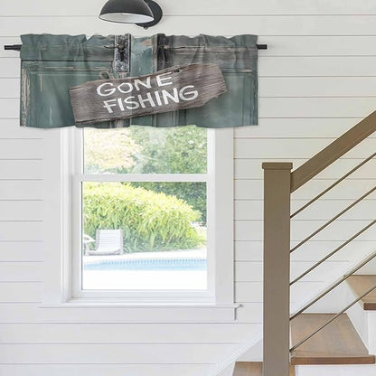Gone Fishing Valances for Windows, Bronze Wood Grain Kitchen Valance Light Filtering Rod Pocket Short Curtains for Kitchen Bathroom, 1 Panel, 56"x16"