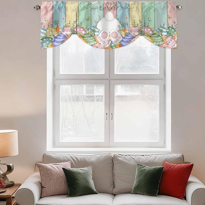 Easter Tie Up Valance Curtains for Windows, Kitchen Curtains Window Shades, Spring Rabbit Ears Foot Eggs Floral Wooden Grain Light Filtering Roman Curtain Valances for Bedroom/Bathroom/Cafe 42"x18"