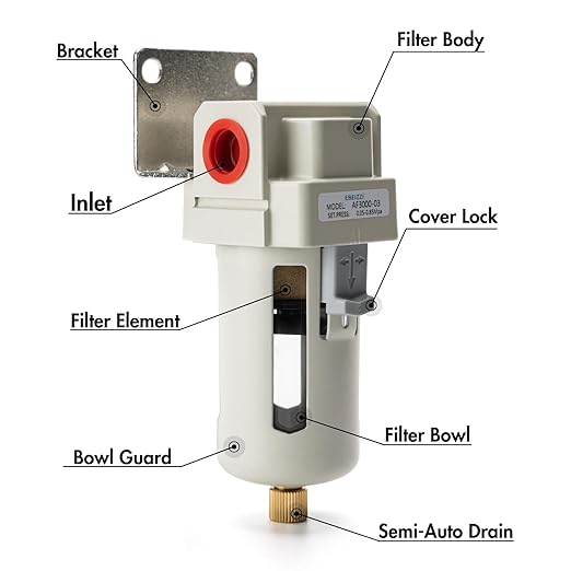 3/8" NPT Air Dryer for Compressor | Compressed Air Line Filter | 5 Micron Brass Element|Bracket, Poly Bowl, 145 psI