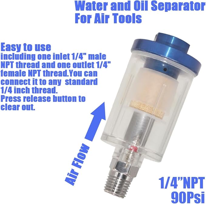 Oil Water Separator for Air Line, 1/4 Inch NPT Inlet and Outlet, Air Compressor Water Separator Filter, Water Separator For Air Compressor Line Dryer 90 PSI (1Pc)