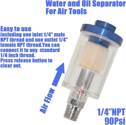 Oil Water Separator for Air Line, 1/4 Inch NPT Inlet and Outlet, Air Compressor Water Separator Filter, Water Separator For Air Compressor Line Dryer 90 PSI (1Pc)
