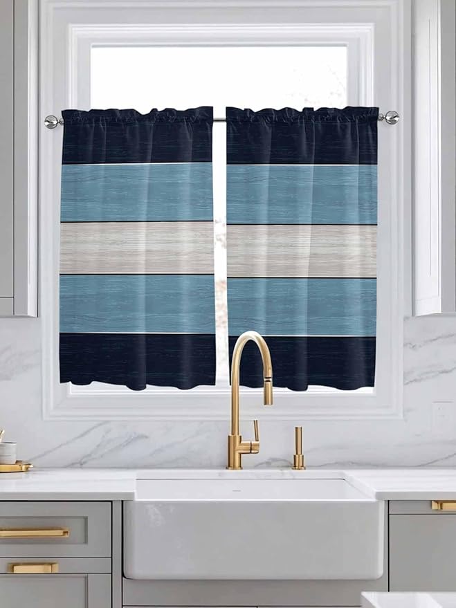 Vintage Country Woodcuts Window Valance Curtains, Blue Gradient Striped Light Filtering Kitchen Valance with 3-inch Rod Pocket for Living Room Bathroom Bedroom,2 Panel,52x45In