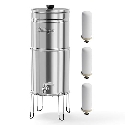 Culligan MaxClear 3 Gallon Gravity Water Filter System, Polished Stainless-Steel Countertop Water Filter NSF/ANSI Certified to Reduce Microplastics, Lead & Total PFAS, with 3 Ceramic Filters
