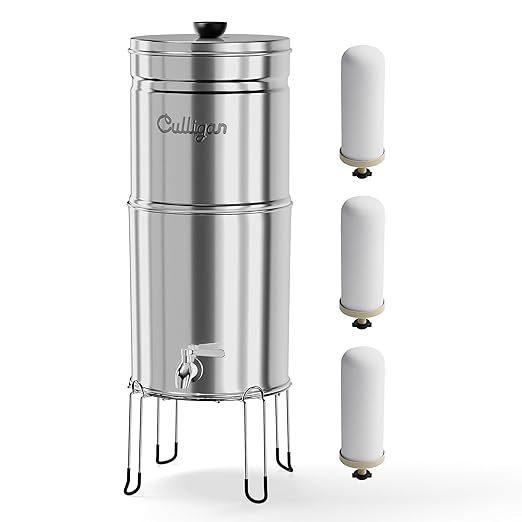 Culligan MaxClear 3 Gallon Gravity Water Filter System, Polished Stainless-Steel Countertop Water Filter NSF/ANSI Certified to Reduce Microplastics, Lead & Total PFAS, with 3 Ceramic Filters