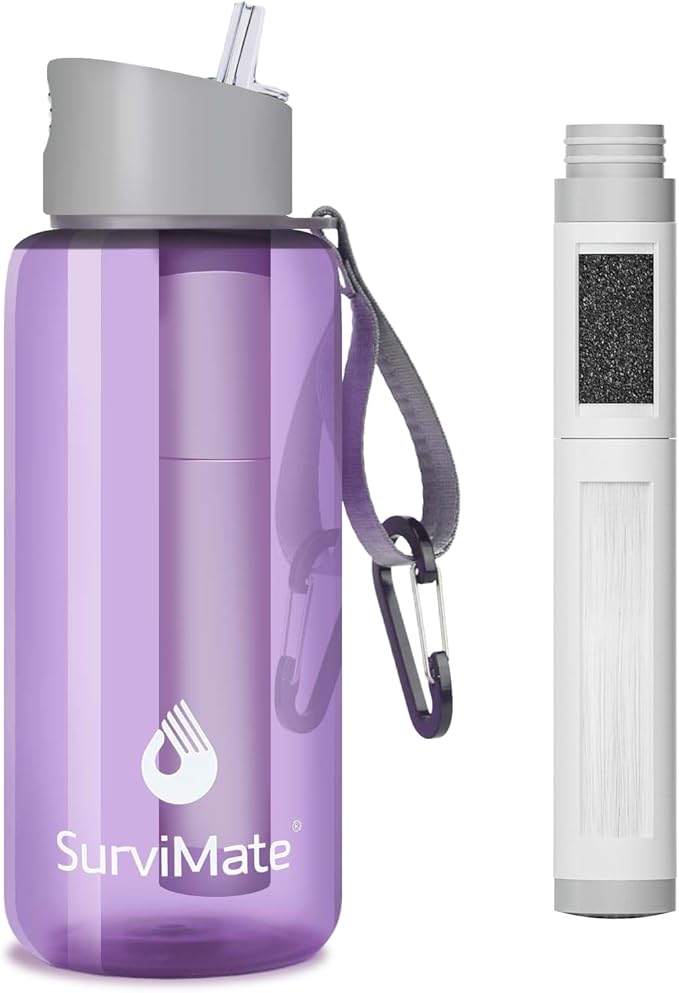 SurviMate 5-Stage 0.01μm Ultra-Filtration Filtered Water Bottle, BPA-Free Material, NSF/ANSI 42&372 Certified, Portable Water Filter Bottle for Survival, Camping, Hiking, and Emergency Use