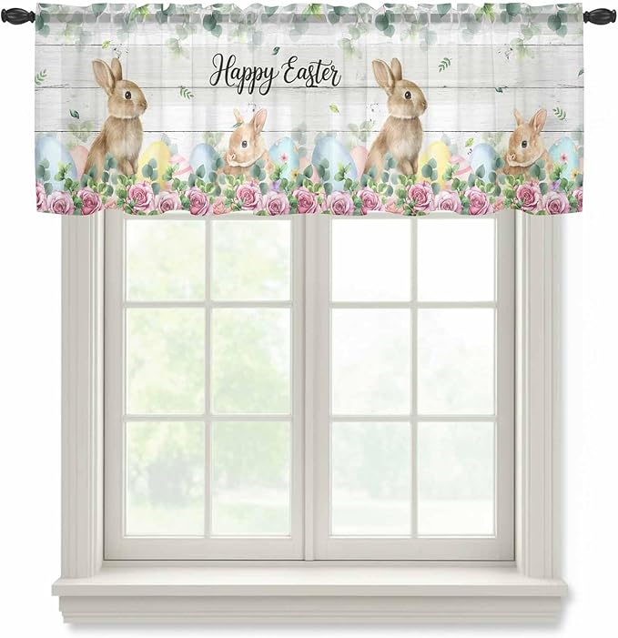 Easter Sheer Valances for Windows 54"x18", Light Filtering Kitchen Curtains Valance, Spring Watercolor Bunny Eggs Flower Leaf Wooden Grey Rod Pocket Chiffon Curtains for Living Room Bedroom Cafe