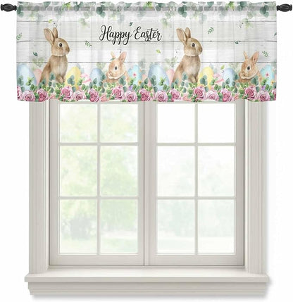 Easter Sheer Valances for Windows 54"x18", Light Filtering Kitchen Curtains Valance, Spring Watercolor Bunny Eggs Flower Leaf Wooden Grey Rod Pocket Chiffon Curtains for Living Room Bedroom Cafe