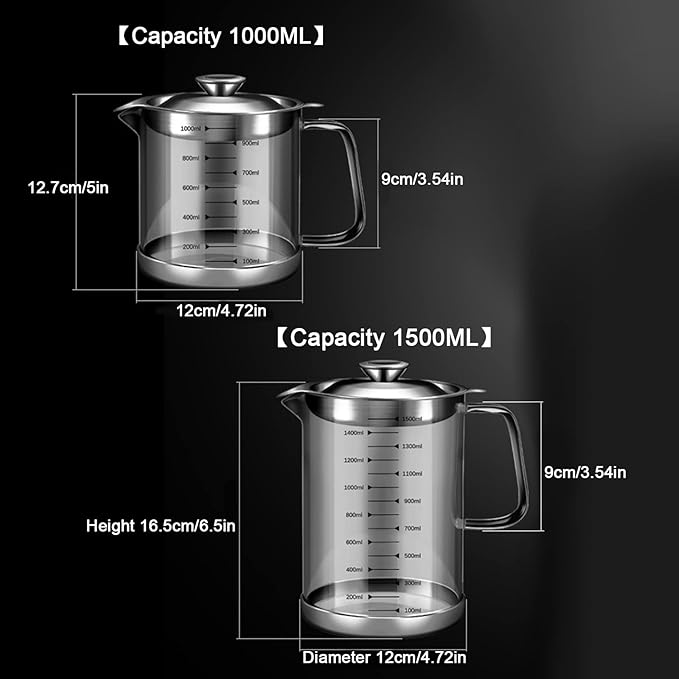 1.5L/50oz Glass Bacon Grease Container with Strainer, Cooking Oil Storage Can with Fine Mesh Filter and Scale, Lid and Easy-Grip Handle,Fat Separator for Storing Fats, Frying Oil and Cooking Grease