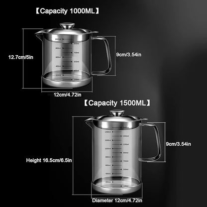 1.5L/50oz Glass Bacon Grease Container with Strainer, Cooking Oil Storage Can with Fine Mesh Filter and Scale, Lid and Easy-Grip Handle,Fat Separator for Storing Fats, Frying Oil and Cooking Grease