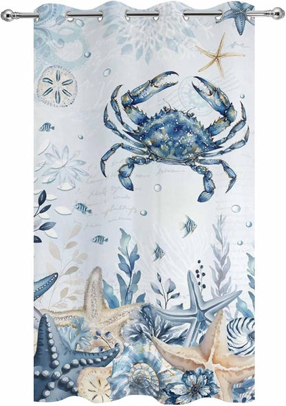 Oceans Outdoor Curtains for Patio Crabs Marine Life Shell Starfish Blue Waterproof Outside Curtains with Grommet Top Weatherproof Curtain for Cabana Pergola Gazebo, 1 Panel, 54" W x 84" L