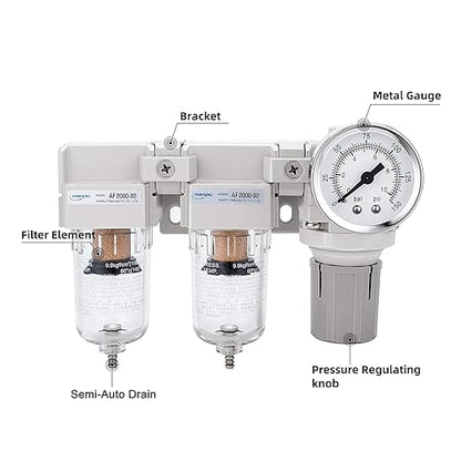 NANPU 1/4" NPT Air Drying System - Double Air Filters, Air Pressure Regulator Combo - Semi-Auto Drain, Poly Bowl