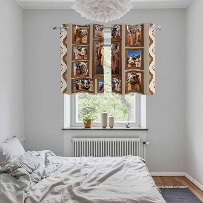 2 Panel Kitchen Cafe Curtains, Desert Camels Sunlight Filtering Nature Air Through, Home Decor Window Covering Tier Curtains for Living Room 55W x 39L inch Western Wildlife Brown Animals Country