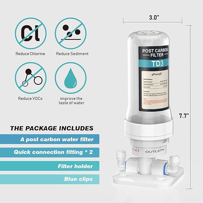 Frizzlife TD-3 Inline Water Filter, Fast Replacement Post Water Filter Removes Chlorine, VOCs & Odor, Adjust Taste, 1/4" and 3/8" Quick Connect