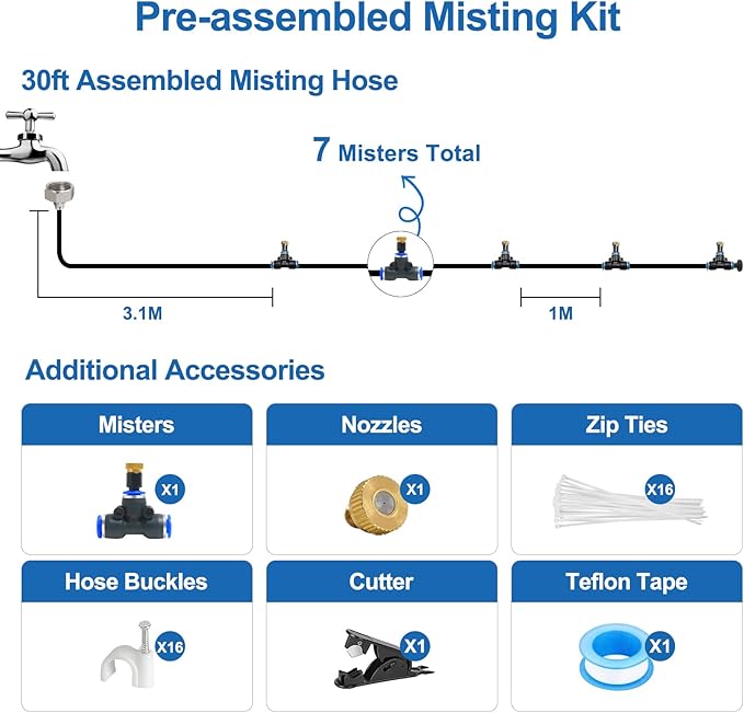 Pre-Assembled Misters for Outside Patio,Outdoor Water Misting Cooling System,30FT|9M.Backyard Mist Kit for Garden,Greenhouse,Deck,Umbrella,Canopy,Pool,Porch.Trampoline Sprinkler,BBQ Party Accessories