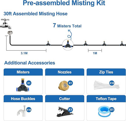 Pre-Assembled Misters for Outside Patio,Outdoor Water Misting Cooling System,30FT|9M.Backyard Mist Kit for Garden,Greenhouse,Deck,Umbrella,Canopy,Pool,Porch.Trampoline Sprinkler,BBQ Party Accessories