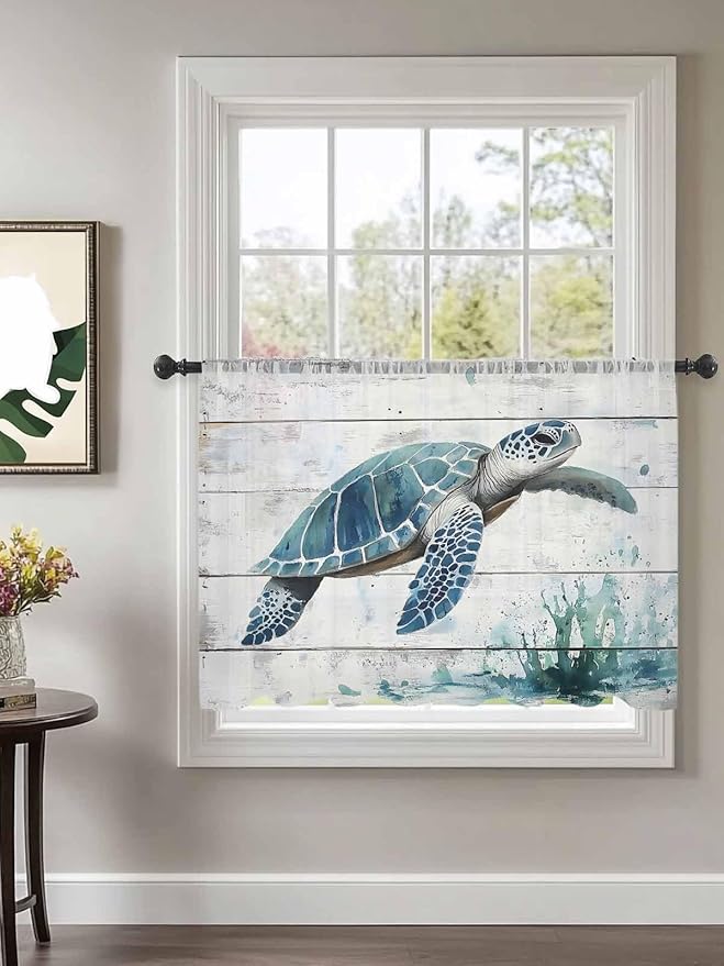 Sheer Curtains 45 Inch Length, Teal Green Sea Turtle Semi Sheer Curtains Light Filtering Window Treatment, Summer Ocean Vintage Wood Grain Privacy Voile Drapes for Living Room Bedroom 52x45 Inch