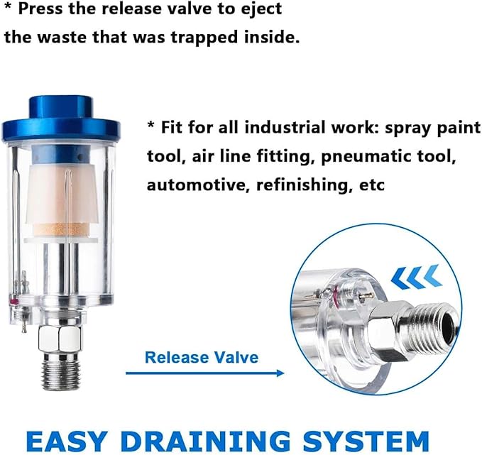 Air Compressor Moisture Separator Filter,For Air Line Compressor Fitting, Clear Glass with Blue Aluminum Cap, 1/4 Inch NPT Connection, 2 Pack