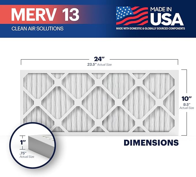 BNX TruFilter 10x24x1 Air Filter MERV 13 (4-Pack) - MADE IN USA - Electrostatic Pleated Air Conditioner HVAC AC Furnace Filters for Allergies, Pollen, Mold, Bacteria, Smoke, Allergen, MPR 1900 FPR 10