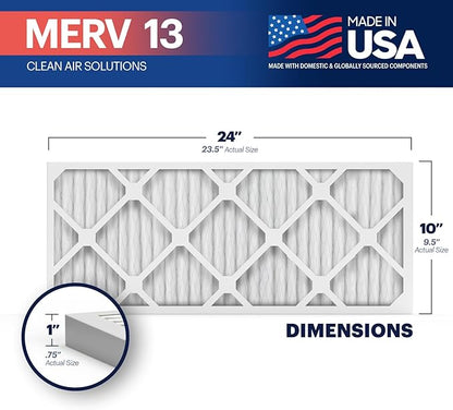BNX TruFilter 10x24x1 Air Filter MERV 13 (4-Pack) - MADE IN USA - Electrostatic Pleated Air Conditioner HVAC AC Furnace Filters for Allergies, Pollen, Mold, Bacteria, Smoke, Allergen, MPR 1900 FPR 10