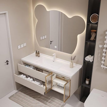 LTSRLL LED Vanity Mirror Cute Bear Decorative Mirror for Bathroom & Dressing Tabler Backlight Wall Mirror with 3 Color Dimmable Light Demister Pad Human Body Sensor Switch(Cut Left,70cmx85cm)