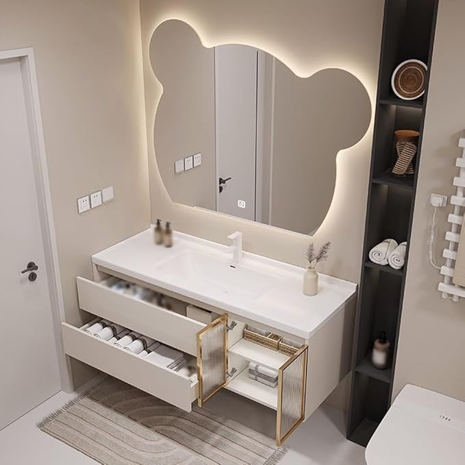 LTSRLL LED Vanity Mirror Cute Bear Decorative Mirror for Bathroom & Dressing Tabler Backlight Wall Mirror with 3 Color Dimmable Light Demister Pad Human Body Sensor Switch(Cut Down,80cmx95cm)