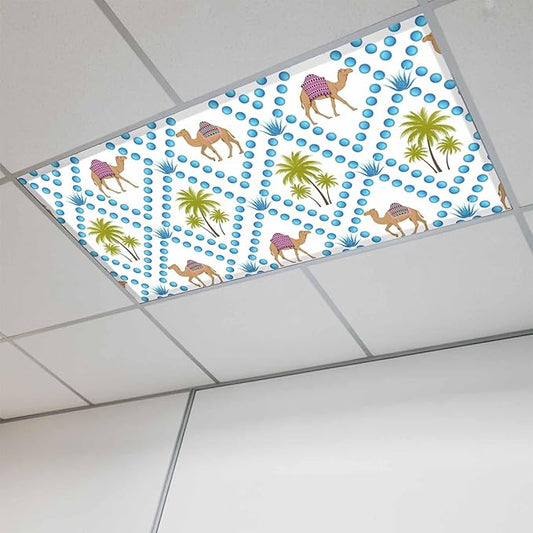 1 Pack Fluorescent Light Cover, Camels Palm Trees Light Covers for Ceiling Lights, Tropical Desert Animal Plants Polka Dot Magnetic Lights Filters Ceiling Shade for Classroom/Office - 4 x 2 Feet
