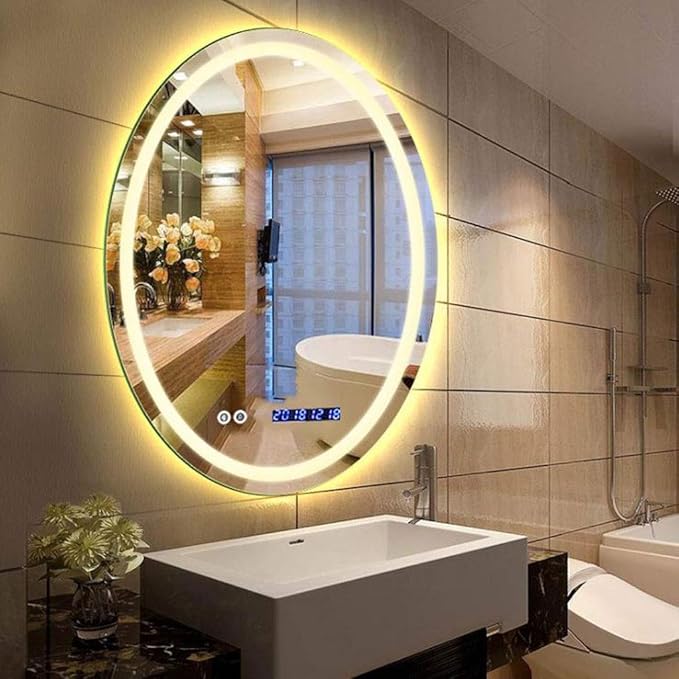 Oval LED Bathroom Mirror Wall Makeup Mirrors Shaving Mirror with Lights and Demister Pad Time Display (Color : Warm Light Size : 600 * 800mm) (Warm Light 500 * 700mm)