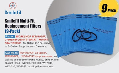 Smilefil 9 Pack Wet Dry Vacuum Filter Bags Compatible with Stinger 2.5 to 5 Gallon WS0255VA, WORKSHOP WS01025F, Craftsman 9-38737, MultiFit VF2000, Select 2-1/2 to 5-Gallon Shop Vac Vacuums