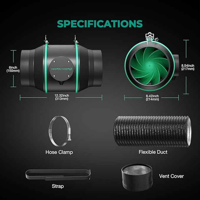 MARS HYDRO 6 Inch Inline Fan and Filter Kit, Duct Fan with with Temperature and Humidity Controller, 402 CFM Quiet & Efficient Exhaust Fan for Grow Tents Hydroponics