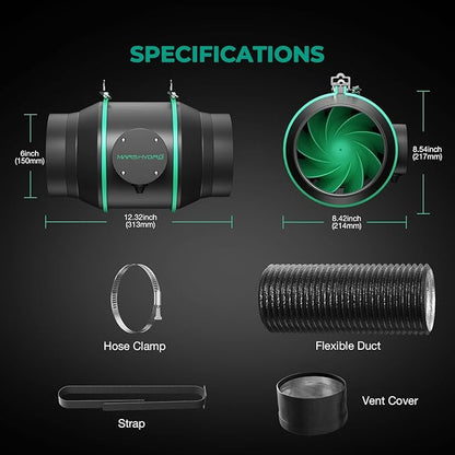 MARS HYDRO 6 Inch Inline Fan and Filter Kit, Duct Fan with with Temperature and Humidity Controller, 402 CFM Quiet & Efficient Exhaust Fan for Grow Tents Hydroponics