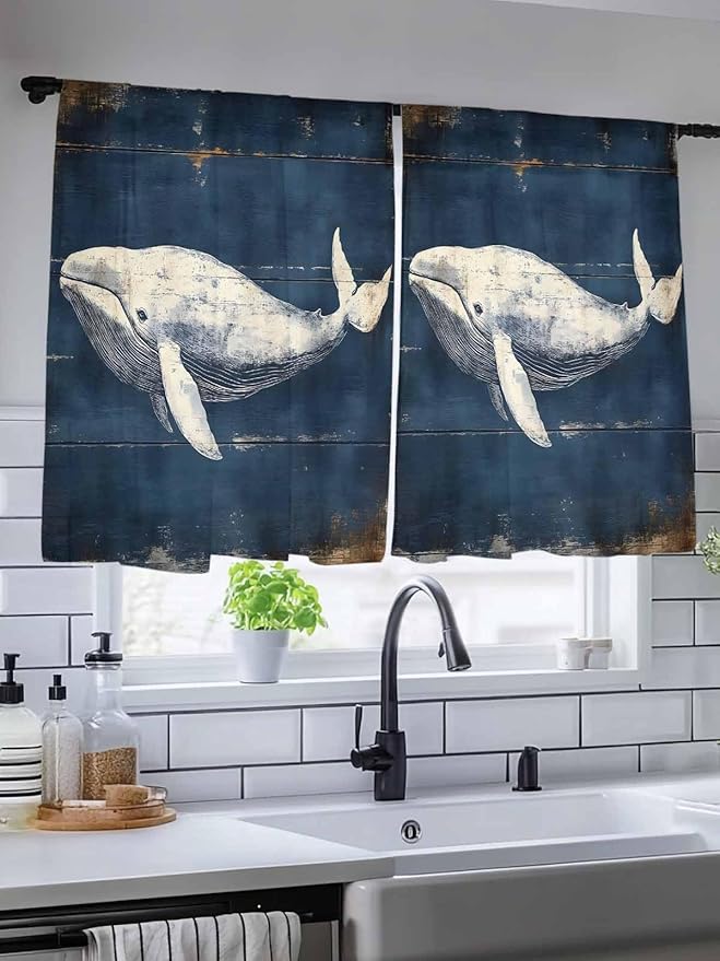 Sheer Curtains 45 Inch Length, Ocean Vintage Whale Semi Sheer Curtains Light Filtering Window Treatment, Summer Retro Wood Grain Privacy Voile Drapes for Living Room Bedroom 52x45 Inch