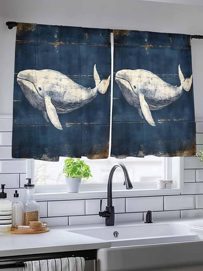 Sheer Curtains 45 Inch Length, Ocean Vintage Whale Semi Sheer Curtains Light Filtering Window Treatment, Summer Retro Wood Grain Privacy Voile Drapes for Living Room Bedroom 52x45 Inch