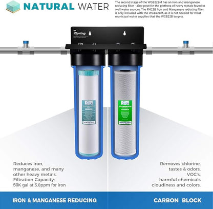 iSpring WGB22BM+AHPF12MNPT16X2 2-Stage Whole House Water Filtration System with 20” x 4.5” Carbon Block and Iron & Manganese Reducing Filters and 3/4" Push-fit Stainless Steel Hose Connectors, Blue