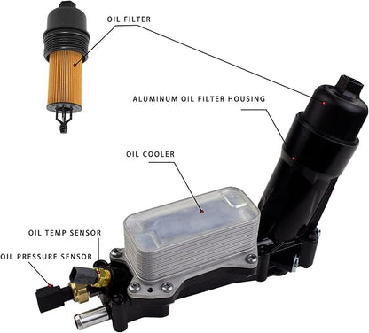 926-959 Aluminum Engine Oil Filter Housing Oil Cooler Kit with Gaskets & Sensors Compatible with 2011-2016 Chrysler Charger Challenger Journey Wrangler Ram Promaster 3.6L (black)