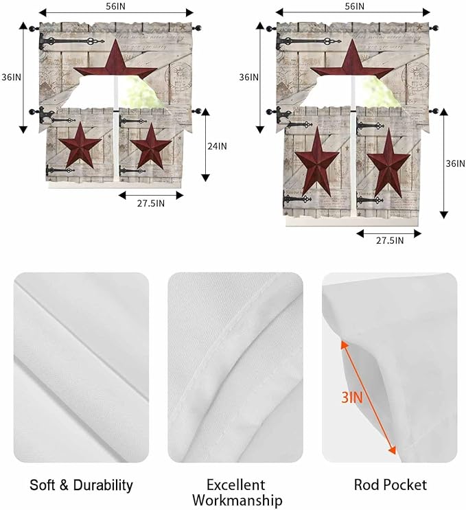 Village Stars Swag Kitchen Curtains Valance and Tier Set, Vintage Dark Red Star Beige Barn Doors Light-Filtering Swag Valance 24 Inch Length, Rod Pocket Short Curtain for Bedroom Cafe