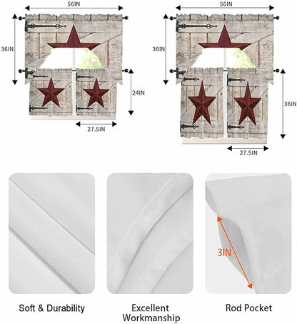Village Stars Swag Kitchen Curtains Valance and Tier Set, Vintage Dark Red Star Beige Barn Doors Light-Filtering Swag Valance 24 Inch Length, Rod Pocket Short Curtain for Bedroom Cafe