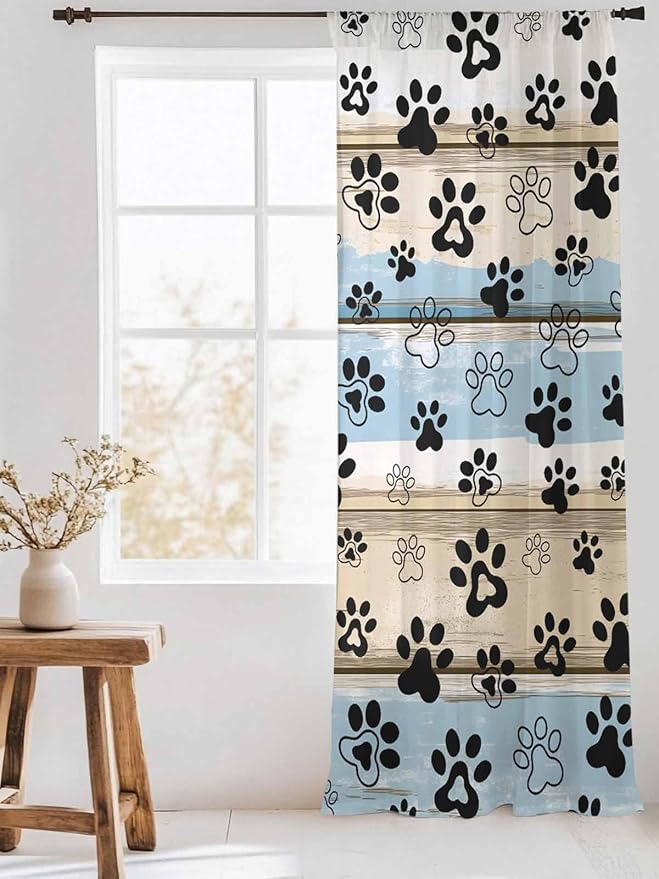 Sheer Curtains 84 Inches Long, Blue Dog Paw Print Semi Sheer Curtains Light Filtering Window Treatment, Vintage Farmhouse Rustic Wooden Grain Privacy Voile Drapes for Living Room Bedroom 52x84 Inch