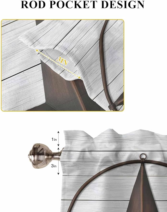 Vintage Farm Western Star Window Valance Curtains, White Wood Grain Light Filtering Kitchen Valance with 3-inch Rod Pocket for Living Room Bathroom Bedroom,2 Panel,52x54In