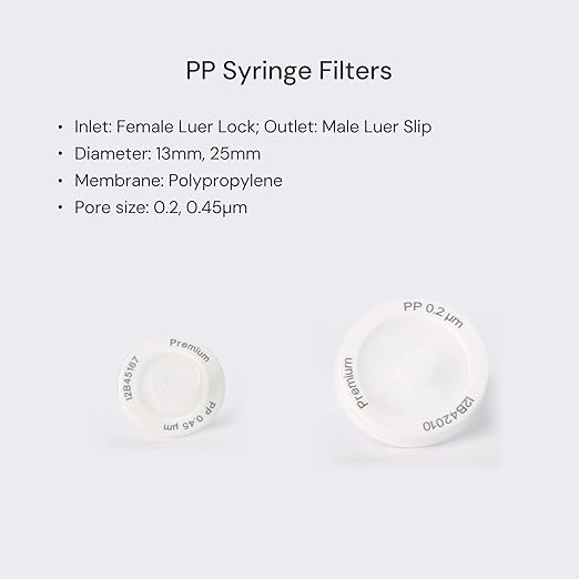 100 Pack PP Syringe Filter Lab Filters 0.2μm Pore Size 25mm Diameter Hydrophobic Filtration Non-sterile White