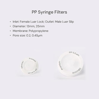 100 Pack PP Syringe Filter Lab Filters 0.2μm Pore Size 25mm Diameter Hydrophobic Filtration Non-sterile White