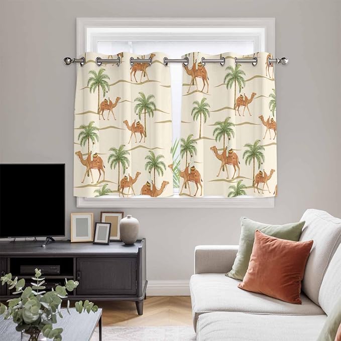 2 Panel Kitchen Cafe Curtains, Date Coconut Tree Sunlight Filtering Nature Air Through, Home Decor Window Covering Tier Curtains for Bedroom Living Room Desert Camels Botanical Tropical Beige