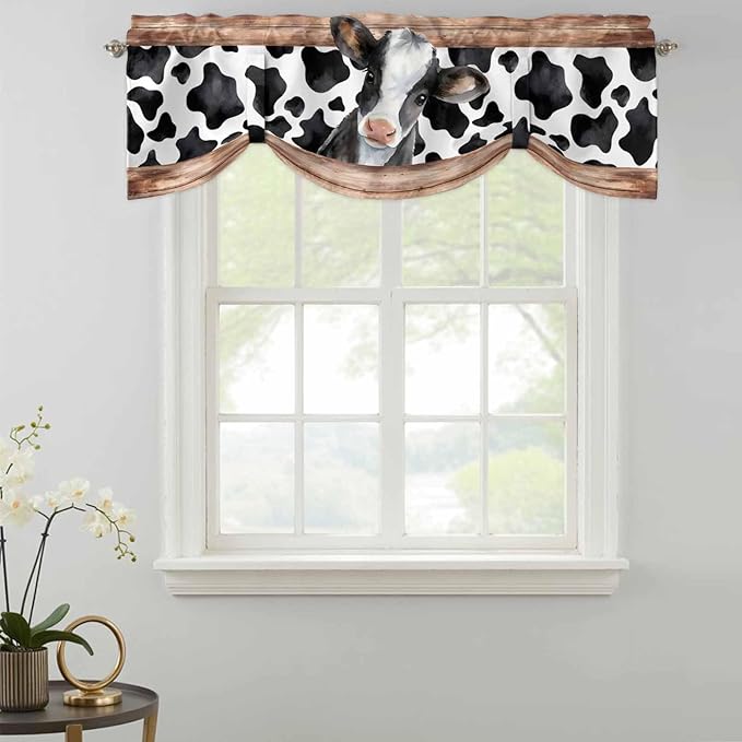 Cow Printed Tie Up Valance Curtains for Windows, Kitchen Curtains Window Shades, Farmhouse Watercolor Country Wooden Grain Light Filtering Roman Curtain Valances for Bedroom/Bathroom/Cafe 42"x12"